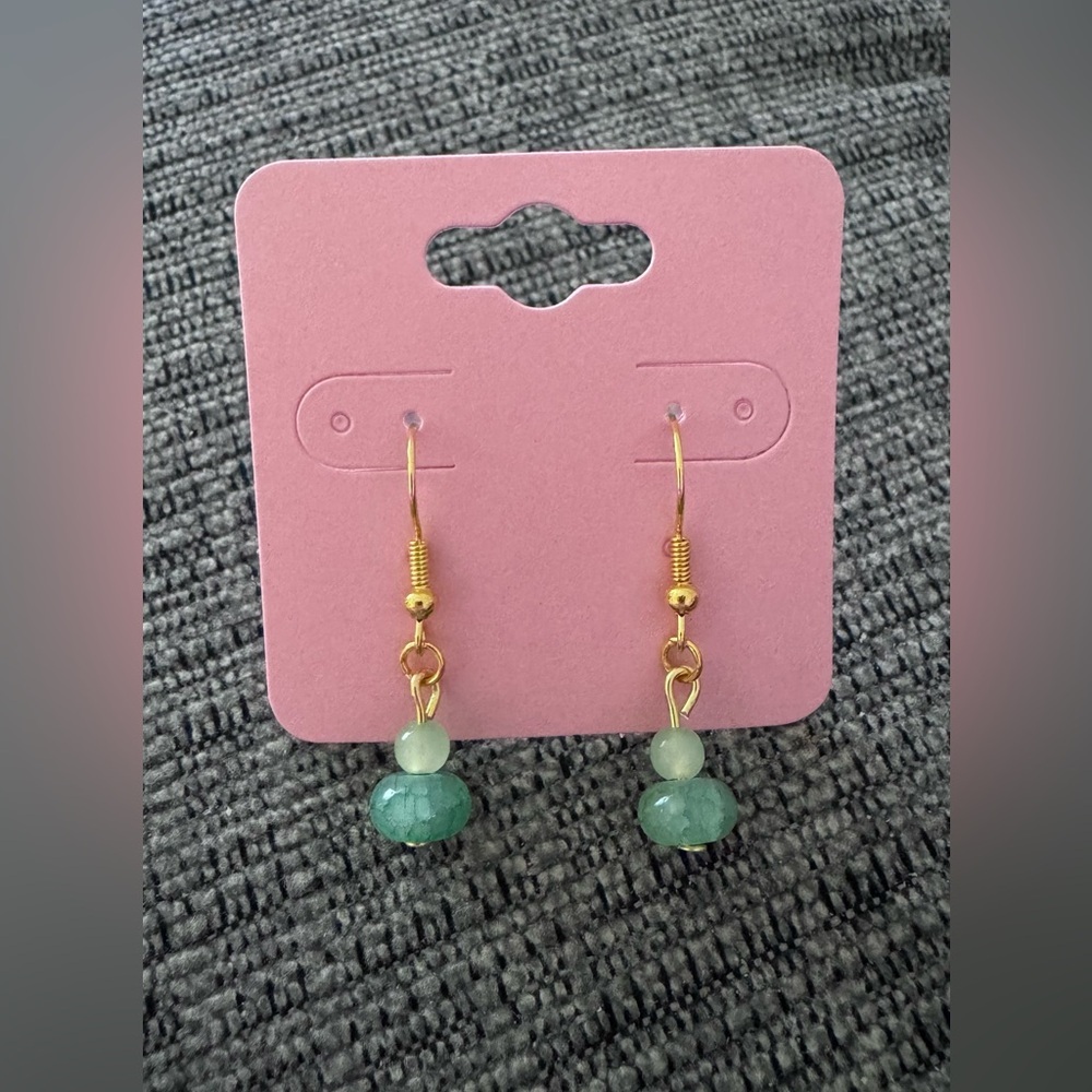 Chic Green & Gold Tone Stainless Steel Glass Bead Handmade Earrings